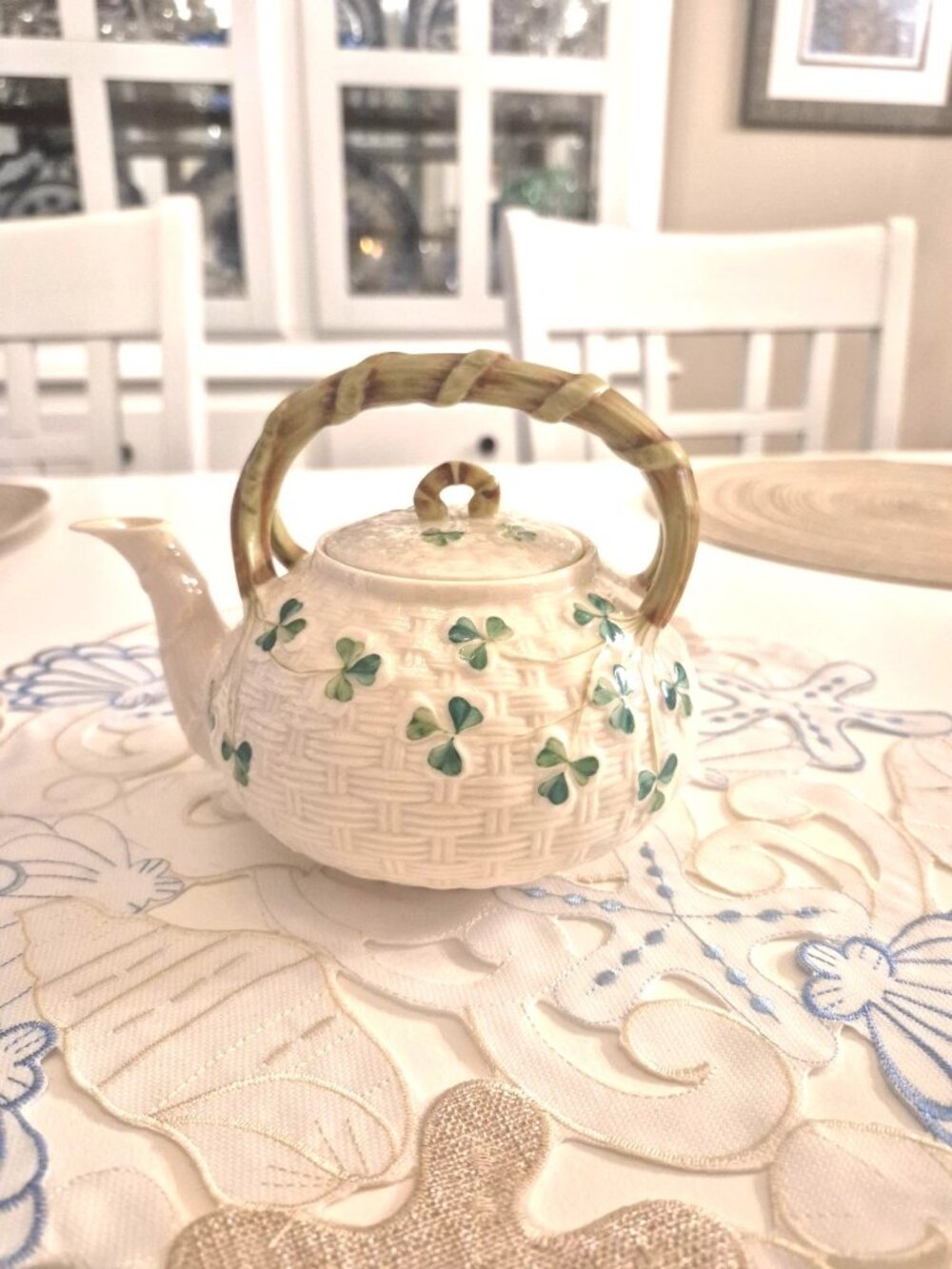 Belleek Irish Shamrock Basket Weave Top Handle Tea Pot 1926 - 1946